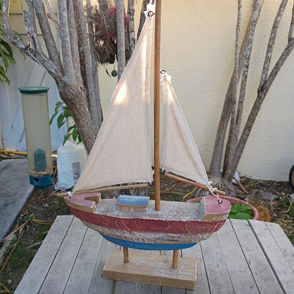 Unique Handcrafted Rustic Wooden Sailboat Folk Art